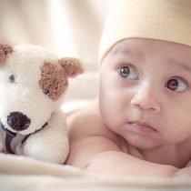 Brown eyes baby with yellow hat and toy dog – Birth, Baby & You – Dee Bell – Lactation Consultant for Kent, Surrey & Sussex